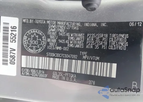 2012 Toyota Sienna Xle 7 Passenger z USA, uszkodzony, nr VIN 5TDDK3DC7CS047092